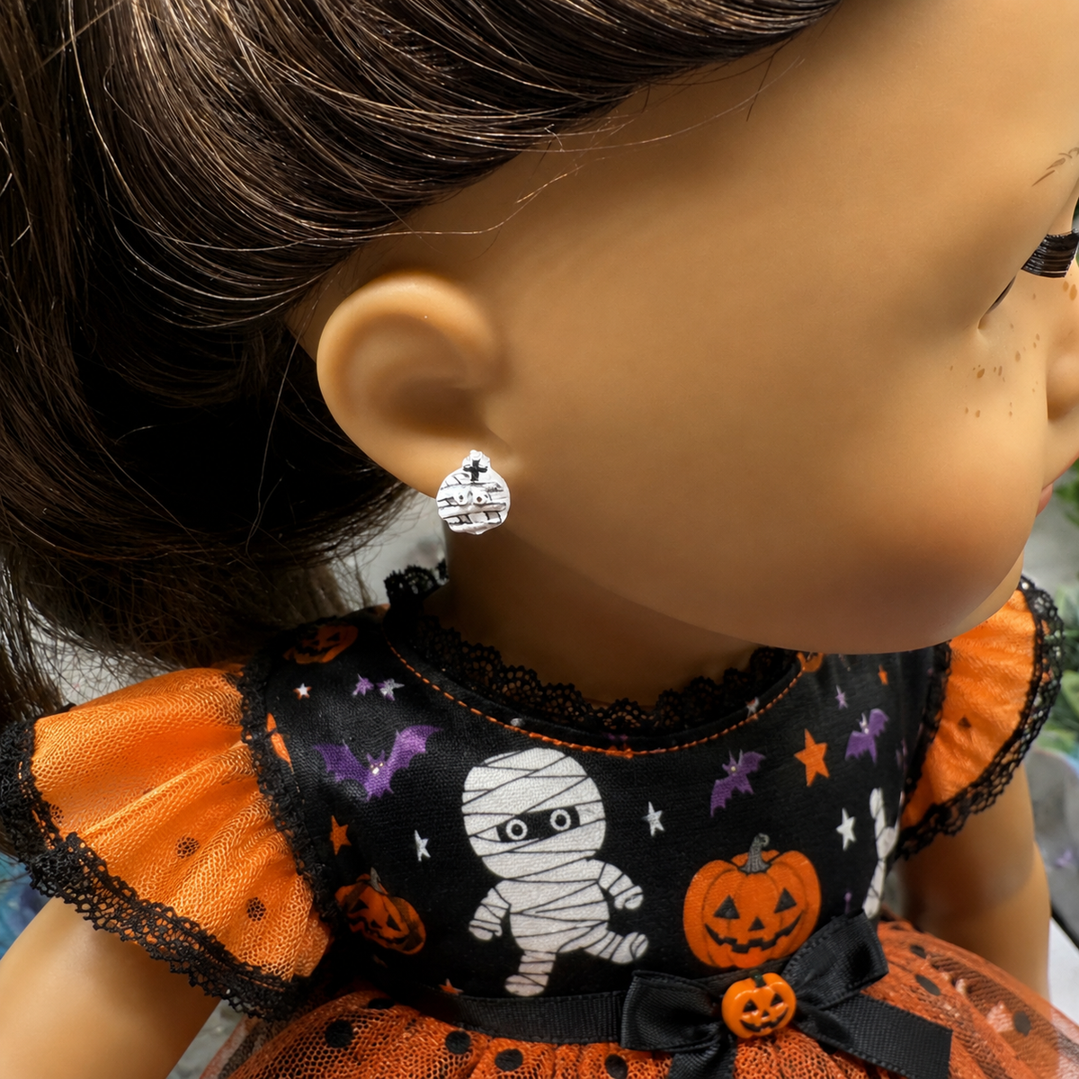 Handmade Post Doll Earrings (Only fit 2mm drilled pierced ears) Designed to Fit popular 18 Inch Fashion Dolls: add some “Spooky Halloween 🎃” style to your favorite doll! Cute Halloween mummy post stud doll earrings • 2mm silver post.