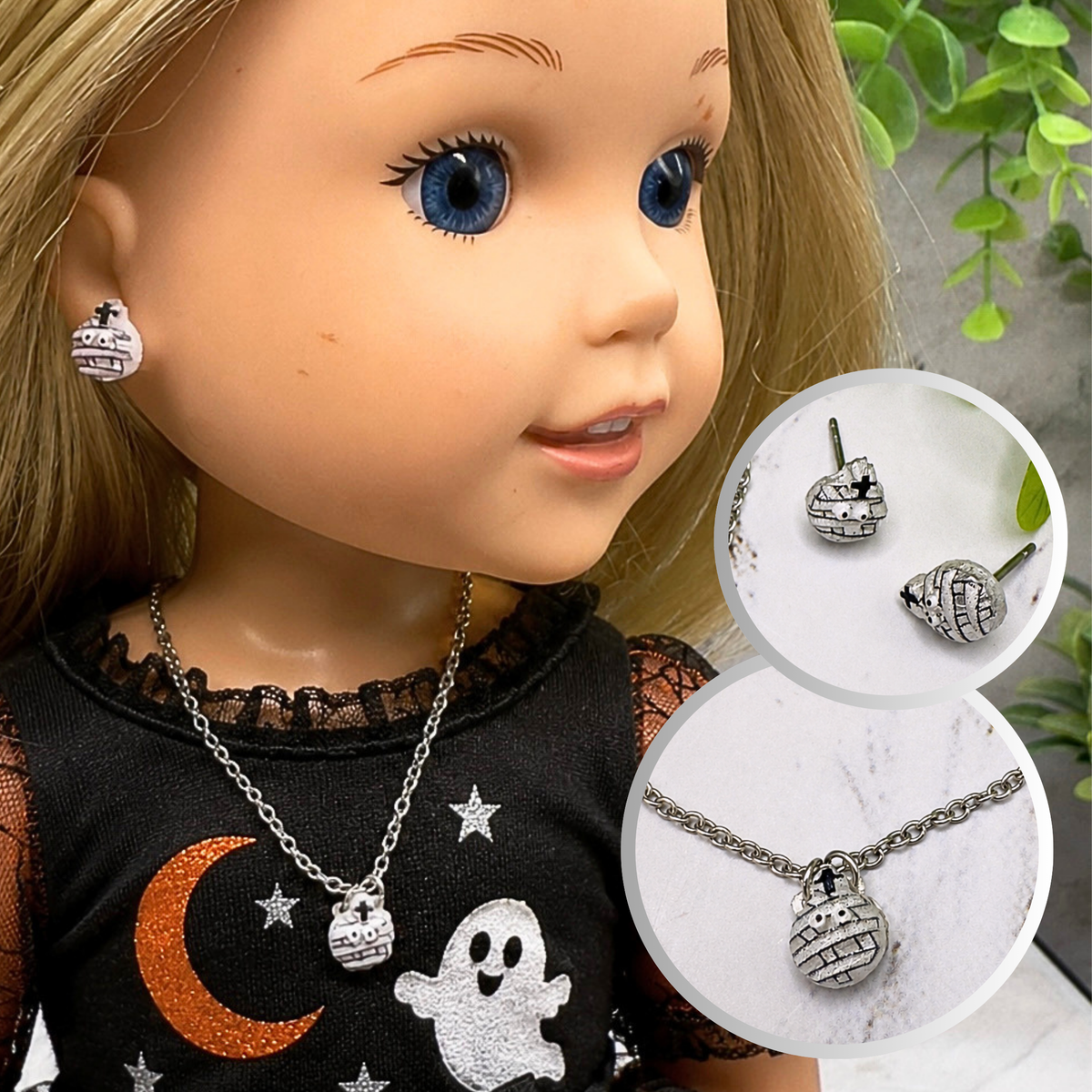 Handmade Doll Jewelry Designed to Fit popular 14 Inch Fashion Dolls: add some “Spooky Halloween 🎃” style to your favorite doll! Mummy Halloween Doll Necklace and Earrings Set