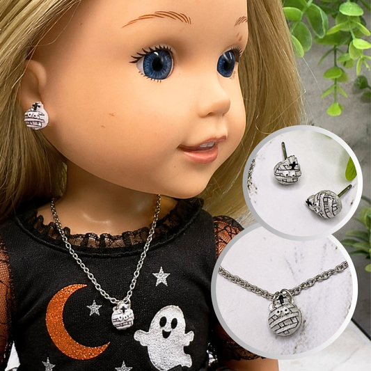 Handmade Doll Jewelry Designed to Fit popular 14 Inch Fashion Dolls: add some “Spooky Halloween 🎃” style to your favorite doll! Mummy Halloween Doll Necklace and Earrings Set