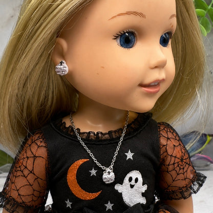 Handmade Doll Jewelry Designed to Fit popular 14 Inch Fashion Dolls: add some “Spooky Halloween 🎃” style to your favorite doll! Mummy Halloween Doll Necklace and Earrings Set