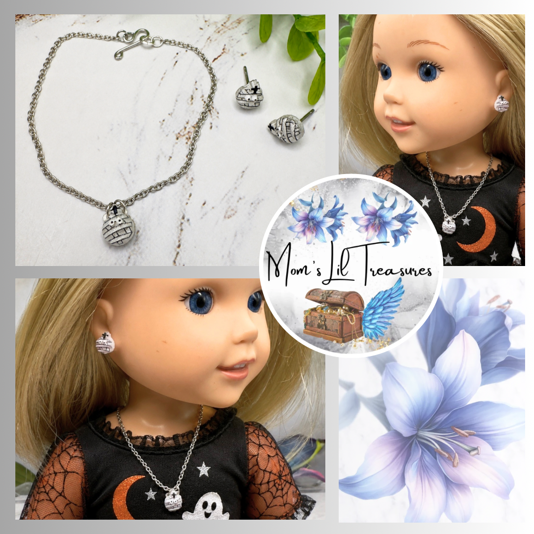 Handmade Doll Jewelry Designed to Fit popular 14 Inch Fashion Dolls: add some “Spooky Halloween 🎃” style to your favorite doll! Mummy Halloween Doll Necklace and Earrings Set