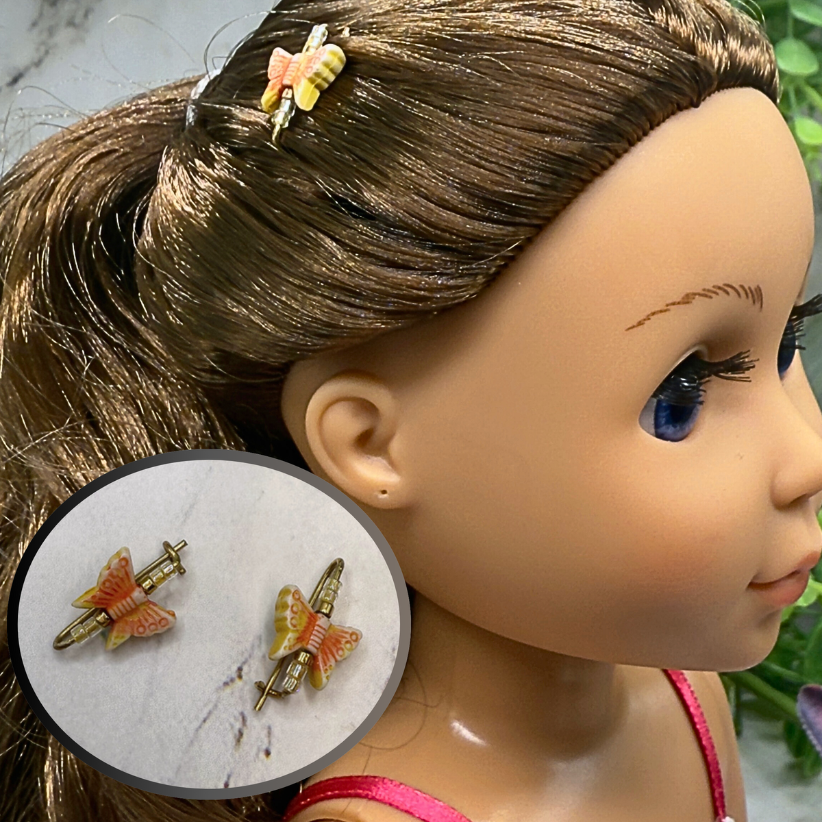 Handmade Doll Accessories Designed to Fit popular 14-18 inch Fashion Dolls: add a stylish touch to your favorite doll! Set of 2 charming Orange Coral Beige Acrylic Beaded Butterfly Doll Hair Barrettes