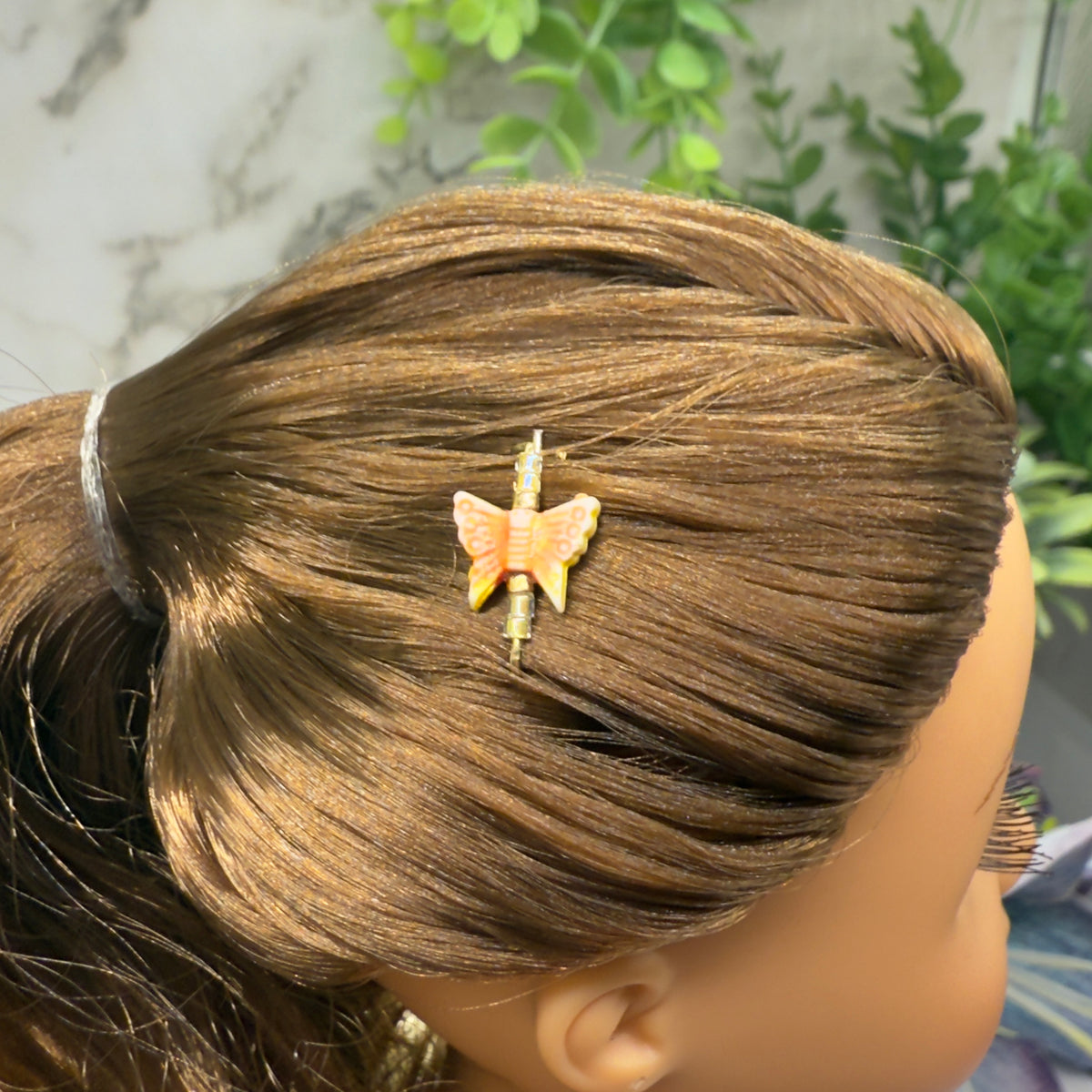 Handmade Doll Accessories Designed to Fit popular 14-18 inch Fashion Dolls: add a stylish touch to your favorite doll! Set of 2 charming Orange Coral Beige Acrylic Beaded Butterfly Doll Hair Barrettes
