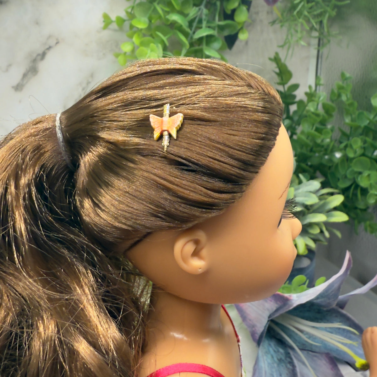 Handmade Doll Accessories Designed to Fit popular 14-18 inch Fashion Dolls: add a stylish touch to your favorite doll! Set of 2 charming Orange Coral Beige Acrylic Beaded Butterfly Doll Hair Barrettes