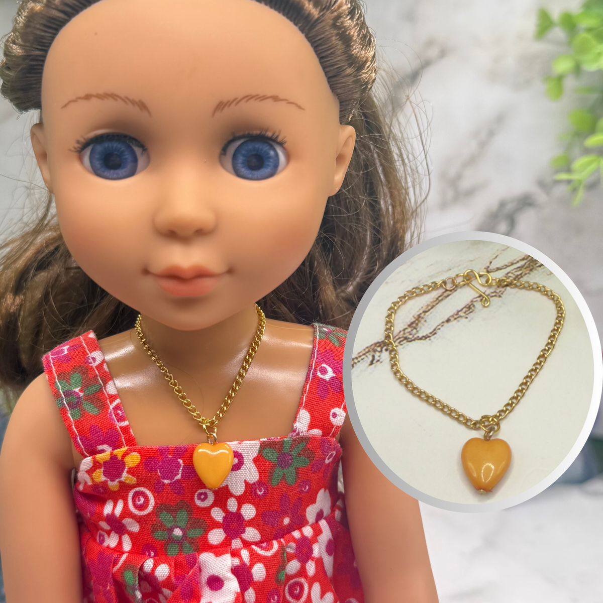 ✨ Handmade Doll Jewelry Designed to Fit popular 14 Inch Fashion Dolls: add a stylish touch to your favorite doll!✨

Orange Heart Charm Gold Chain Doll Necklace