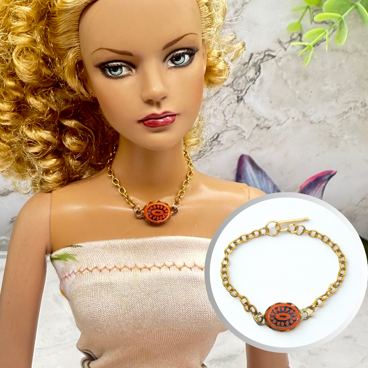 Oval Red Orange Pendant Trendy Doll Necklace • Necklace measures 3.5 inches long • Necklace shown on 16” Tonner - Sydney Chase “Envy” doll