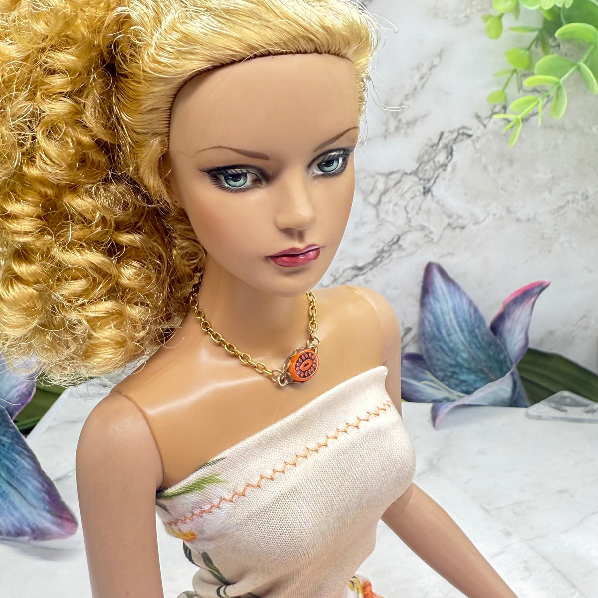 Oval Red Orange Pendant Trendy Doll Necklace • Necklace measures 3.5 inches long • Necklace shown on 16” Tonner - Sydney Chase “Envy” doll