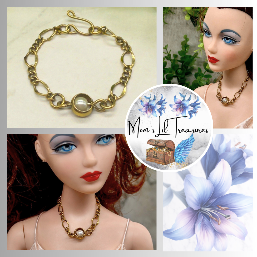 Pearl Accent Gold Large Link Chain Doll Necklace. The necklace is 3.25 inches long. Necklace shown on 16” Ashton Drake - Gene doll