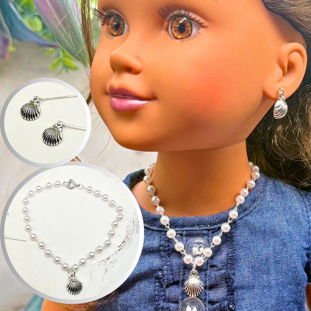 ✨Handmade Doll Jewelry Designed to Fit popular 18 Inch Fashion Dolls: add a little “Summer Fun ☀️ Beachy Style 🏝️” to your favorite doll!✨

Pearl Beaded Silver Shell Charm Doll Necklace & Earrings Set