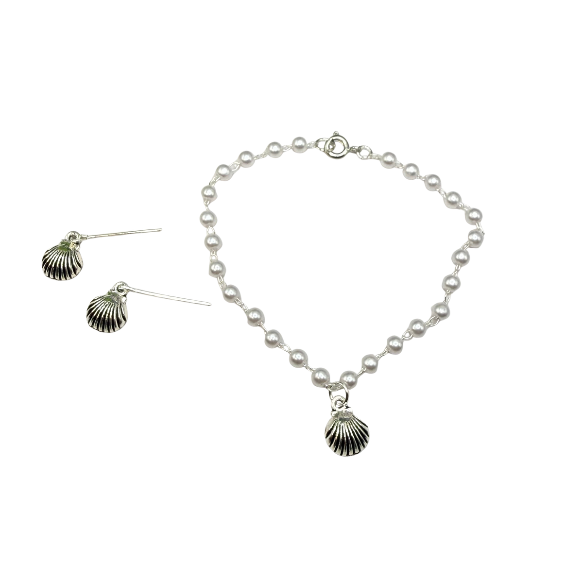 Pearl Beaded Silver Shell Charm Doll Necklace & Earrings Set for 18 Inch Fashion Doll