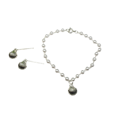 Pearl Beaded Silver Shell Charm Doll Necklace & Earrings Set for 18 Inch Fashion Doll
