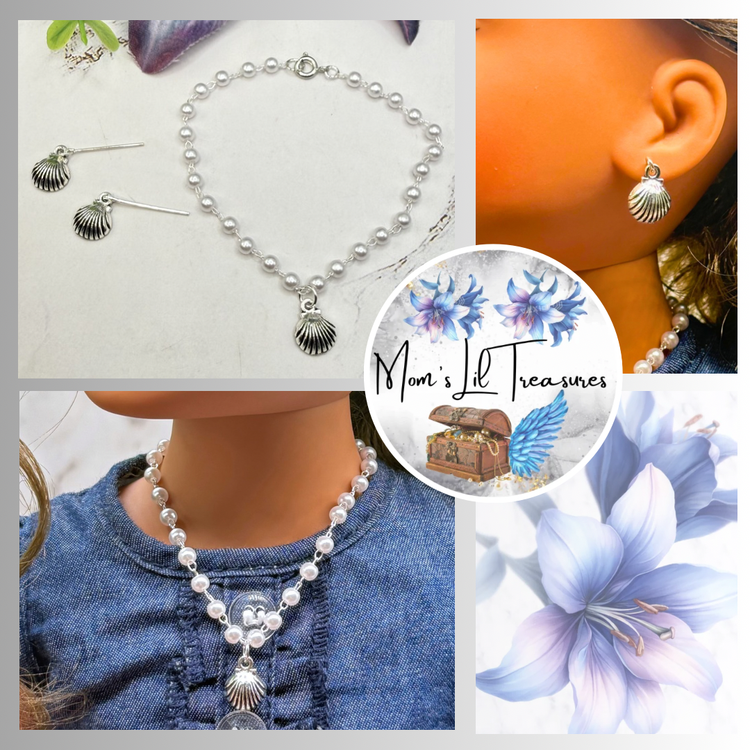 ✨Handmade Doll Jewelry Designed to Fit popular 18 Inch Fashion Dolls: add a little “Summer Fun ☀️ Beachy Style 🏝️” to your favorite doll!✨

Pearl Beaded Silver Shell Charm Doll Necklace & Earrings Set