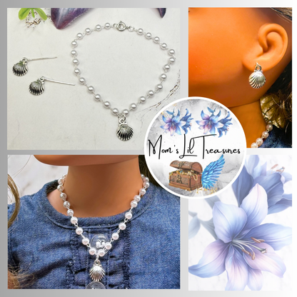 ✨Handmade Doll Jewelry Designed to Fit popular 18 Inch Fashion Dolls: add a little “Summer Fun ☀️ Beachy Style 🏝️” to your favorite doll!✨

Pearl Beaded Silver Shell Charm Doll Necklace & Earrings Set