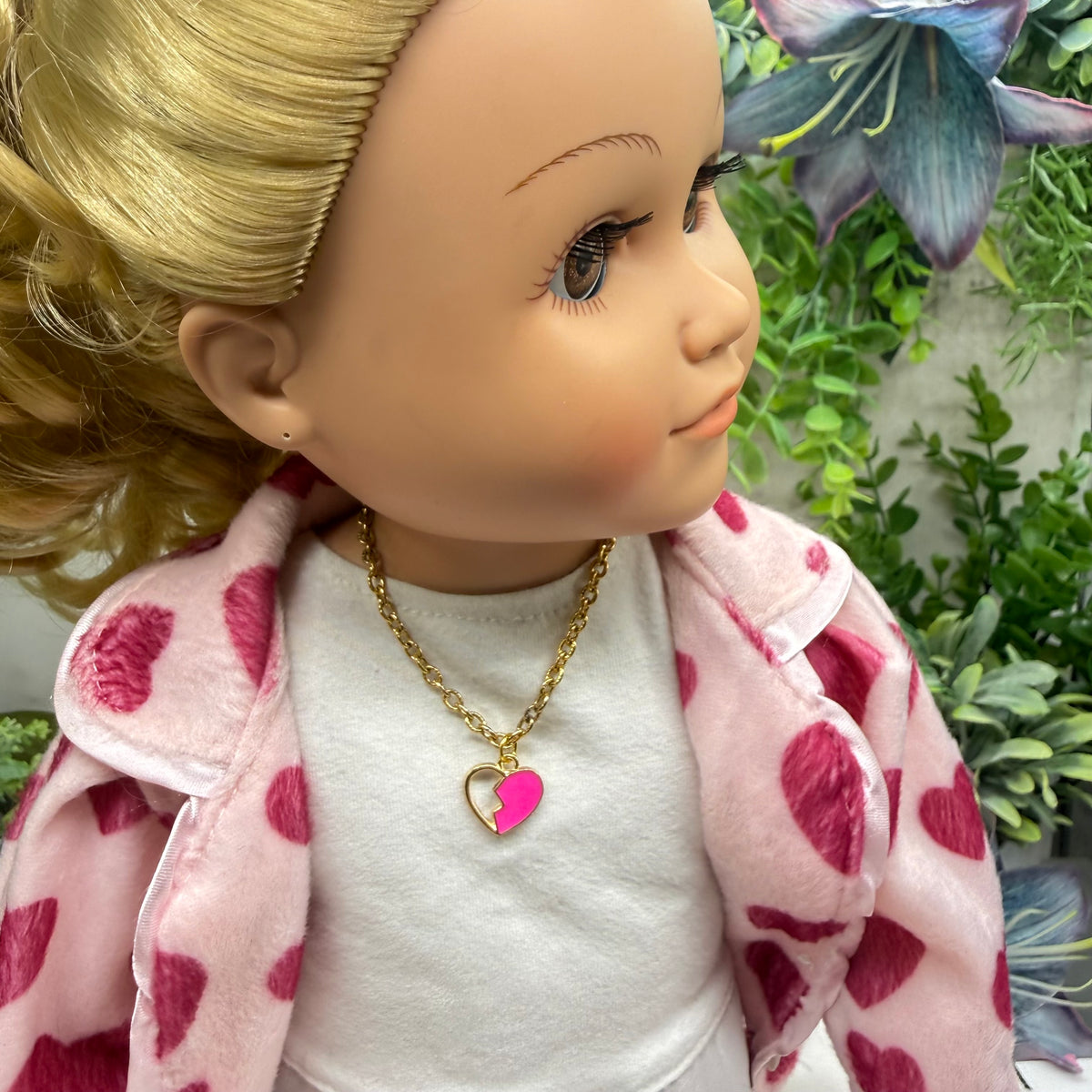 ✨Handmade Doll Jewelry Designed to Fit popular 18 Inch Fashion Dolls: add a stylish touch to your favorite doll!✨Pink Broken Heart Pendant Gold Chain Doll Necklace • Necklace measures 6-7/8 inches long • Doll Size / Scale: Pics included with necklace shown on 18" My Life As doll (Neck measures 5.5" around)
