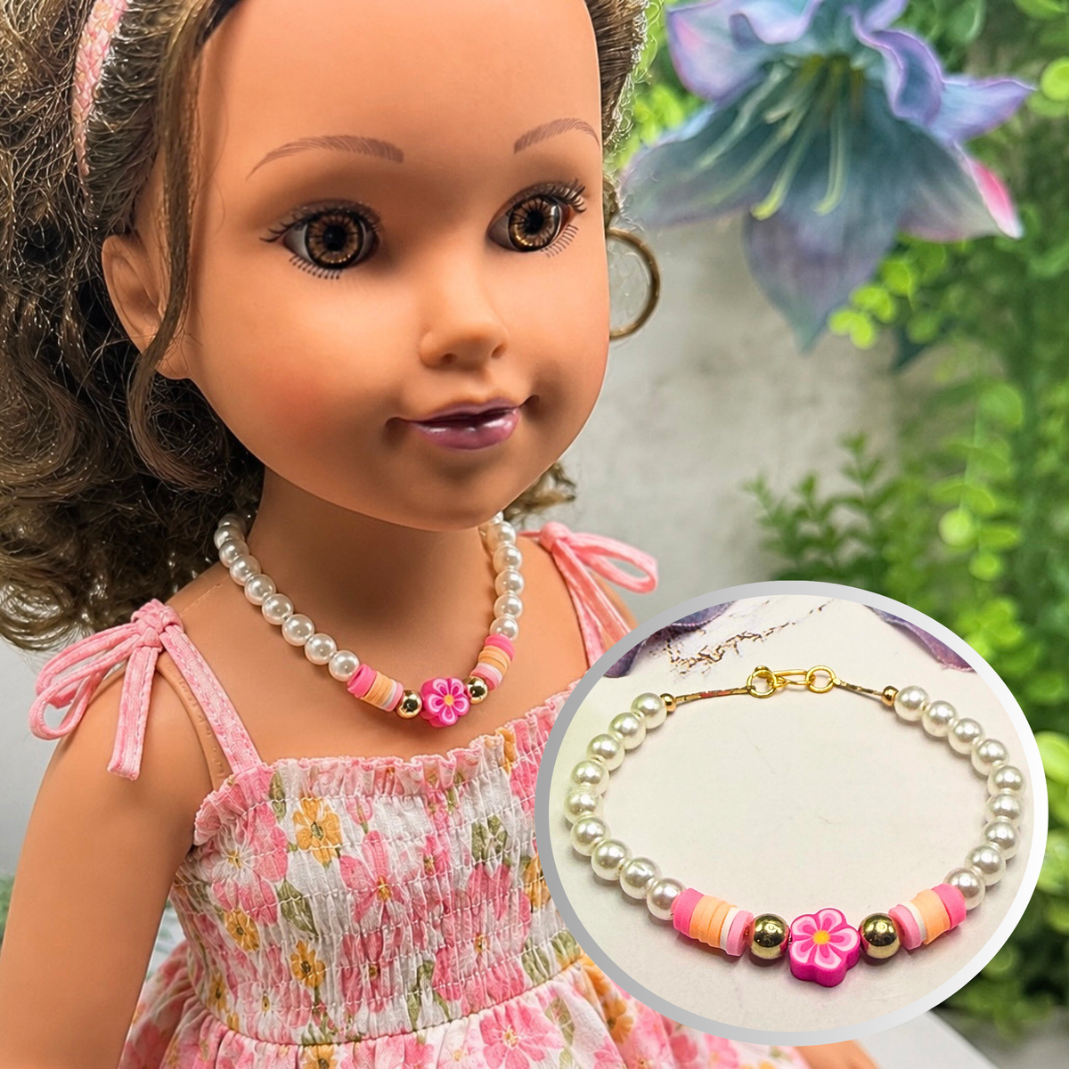 Handmade Doll Jewelry Designed to Fit popular 18 Inch Fashion Dolls: add a little “Summer Fun ☀️ Beachy Style 🏝️” to your favorite doll! Pink Flower Pearl Beaded Beach Hawaiian Style Doll Necklace