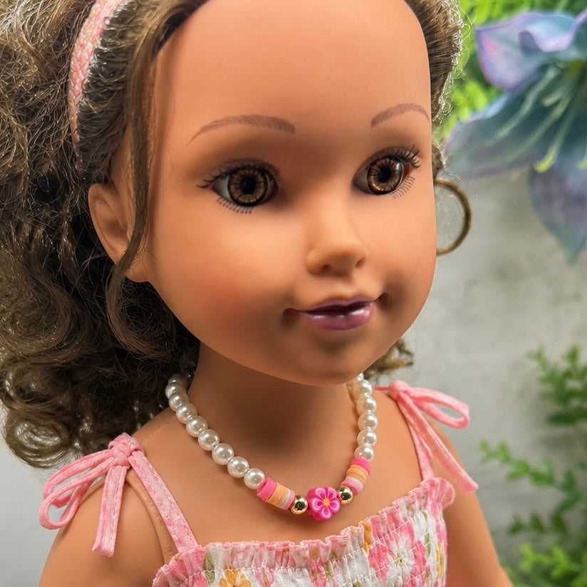 Handmade Doll Jewelry Designed to Fit popular 18 Inch Fashion Dolls: add a little “Summer Fun ☀️ Beachy Style 🏝️” to your favorite doll! Pink Flower Pearl Beaded Beach Hawaiian Style Doll Necklace
