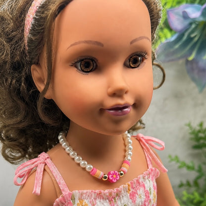 Handmade Doll Jewelry Designed to Fit popular 18 Inch Fashion Dolls: add a little “Summer Fun ☀️ Beachy Style 🏝️” to your favorite doll! Pink Flower Pearl Beaded Beach Hawaiian Style Doll Necklace