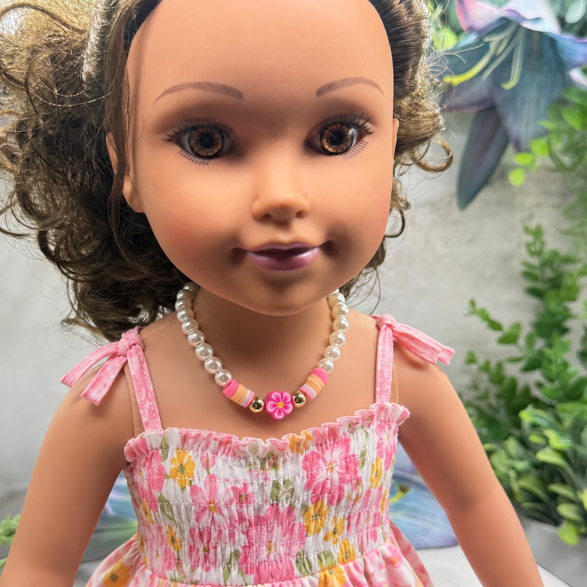 Handmade Doll Jewelry Designed to Fit popular 18 Inch Fashion Dolls: add a little “Summer Fun ☀️ Beachy Style 🏝️” to your favorite doll! Pink Flower Pearl Beaded Beach Hawaiian Style Doll Necklace