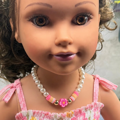 Handmade Doll Jewelry Designed to Fit popular 18 Inch Fashion Dolls: add a little “Summer Fun ☀️ Beachy Style 🏝️” to your favorite doll! Pink Flower Pearl Beaded Beach Hawaiian Style Doll Necklace