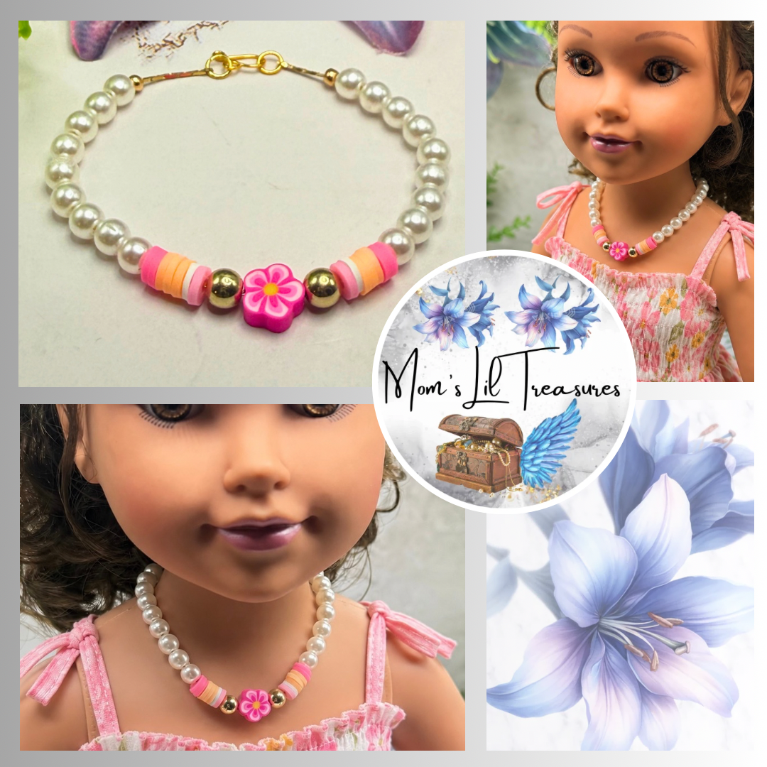Handmade Doll Jewelry Designed to Fit popular 18 Inch Fashion Dolls: add a little “Summer Fun ☀️ Beachy Style 🏝️” to your favorite doll! Pink Flower Pearl Beaded Beach Hawaiian Style Doll Necklace