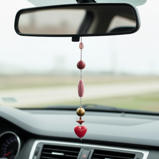 Pink Heart Dangle - Bronze & Pink Beaded Chain Car Mirror / Sun Catcher. The dangle section is 5 inches and the chain (that hooks around mirror) is 4.25 inches long. Total length is 9.25 inches long. Has hook closure to easily adjust length for your car.