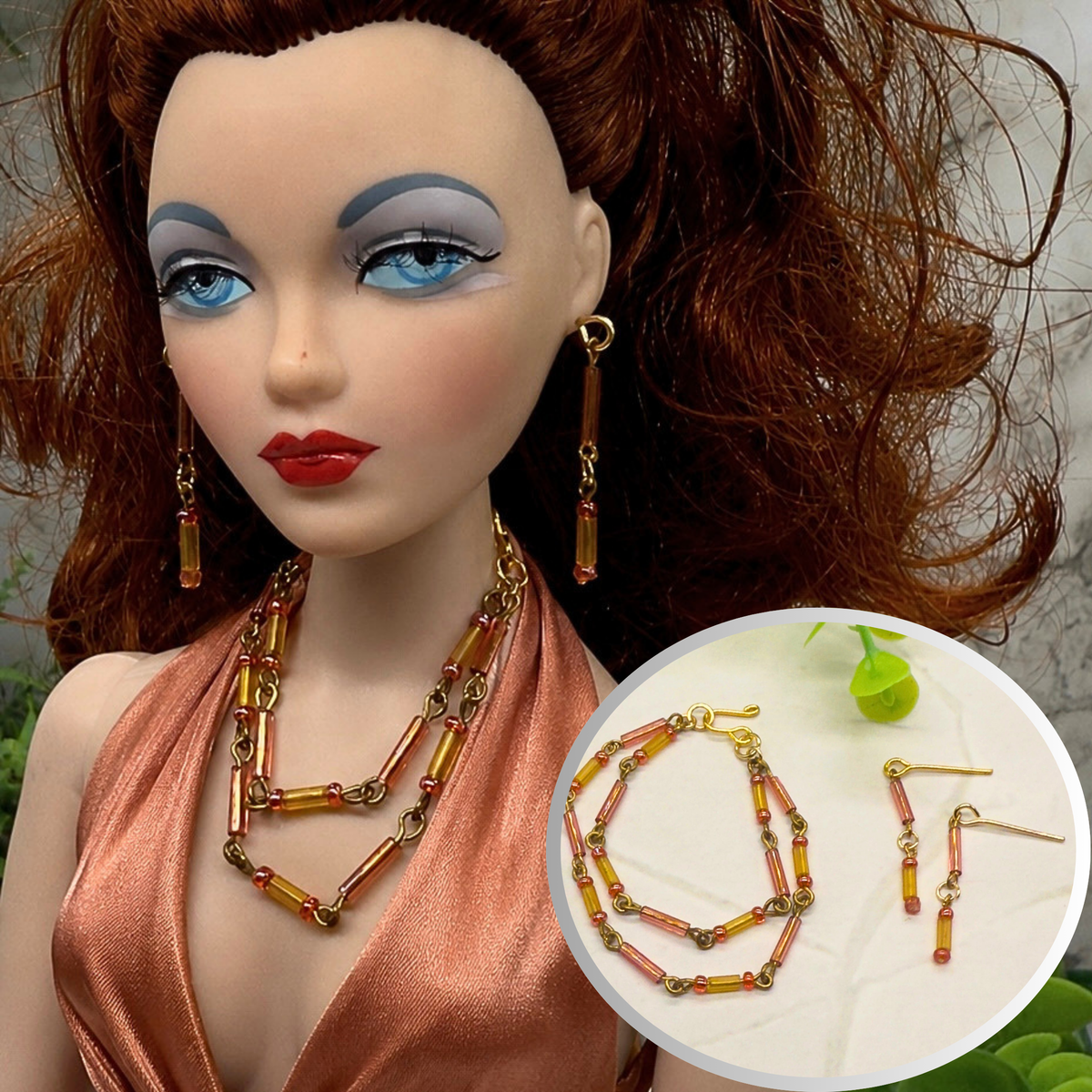 Pink Orange Glass Tubular Beaded Doll Necklace Earrings Set. Necklace measures 3.75” inches long. Necklace and earrings shown on Ashton Drake - Gene doll 