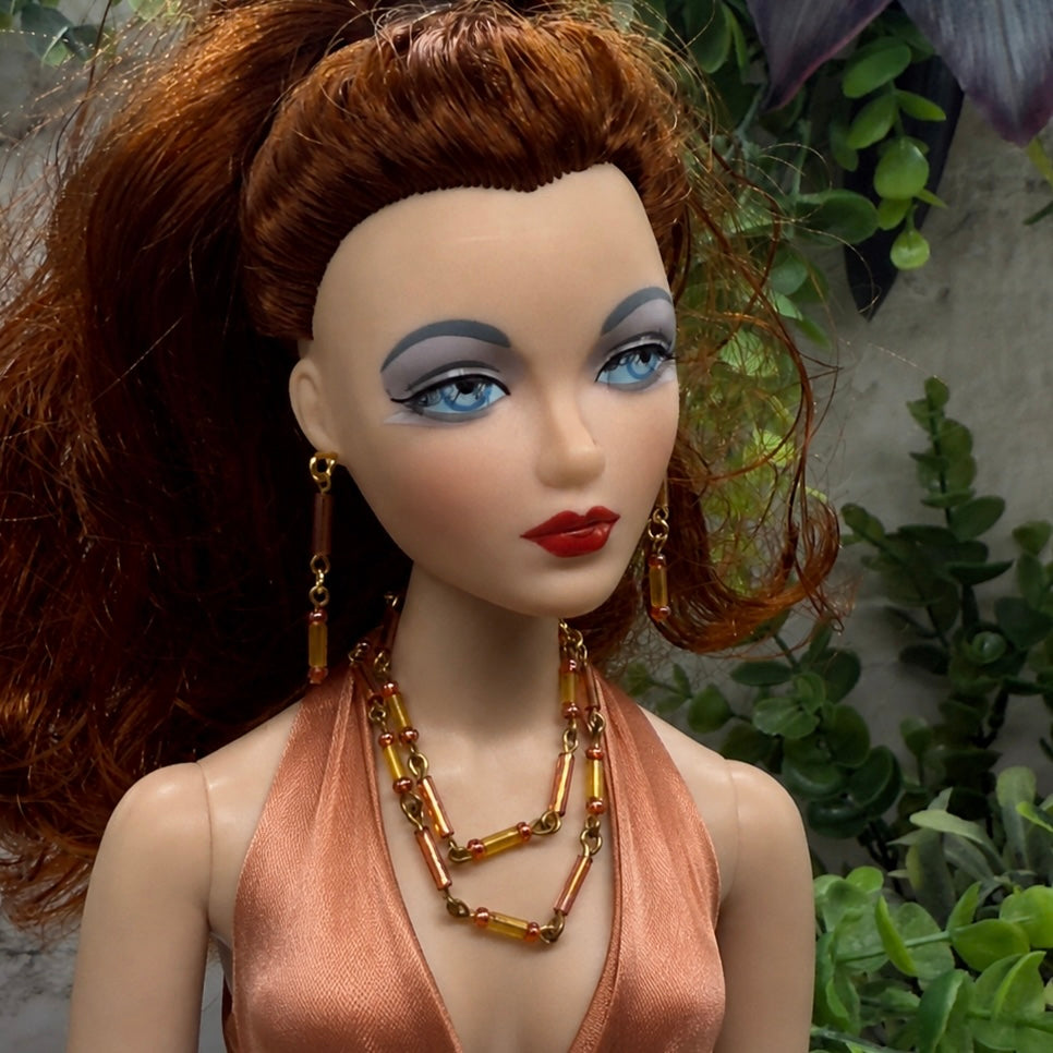 Pink Orange Glass Tubular Beaded Doll Necklace Earrings Set. Necklace measures 3.75” inches long. Necklace and earrings shown on Ashton Drake - Gene doll 