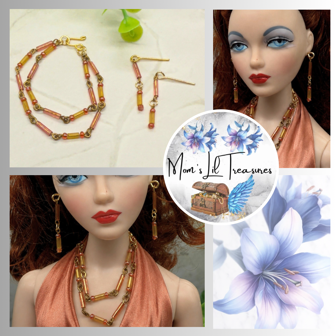 Pink Orange Glass Tubular Beaded Doll Necklace Earrings Set. Necklace measures 3.75” inches long. Necklace and earrings shown on Ashton Drake - Gene doll 