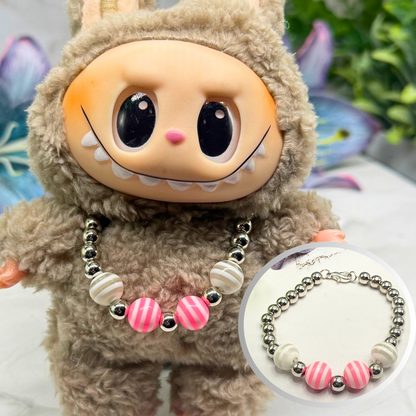 ✨Handmade Jewelry Designed to fit popular 17 to 20 cm (6 to 7 inch) Plushie Labubu Monster Dolls: add a stylish touch to your favorite plushie! ✨

Pink White Striped Ball Beaded Silver Necklace