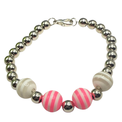 ✨Handmade Jewelry Designed to fit popular 17 to 20 cm (6 to 7 inch) Plushie Labubu Monster Dolls: add a stylish touch to your favorite plushie! ✨

Pink White Striped Ball Beaded Silver Necklace