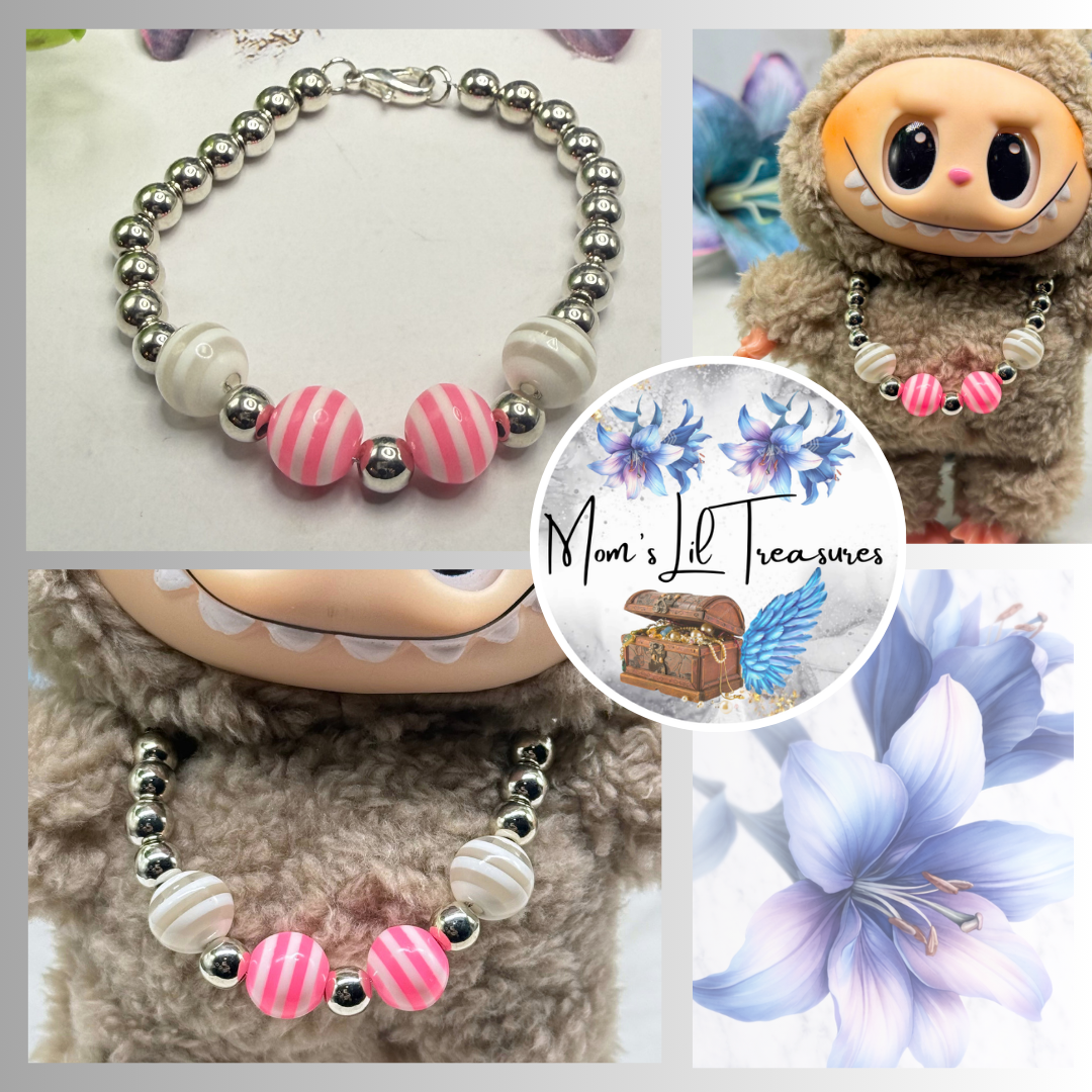 ✨Handmade Jewelry Designed to fit popular 17 to 20 cm (6 to 7 inch) Plushie Labubu Monster Dolls: add a stylish touch to your favorite plushie! ✨

Pink White Striped Ball Beaded Silver Necklace