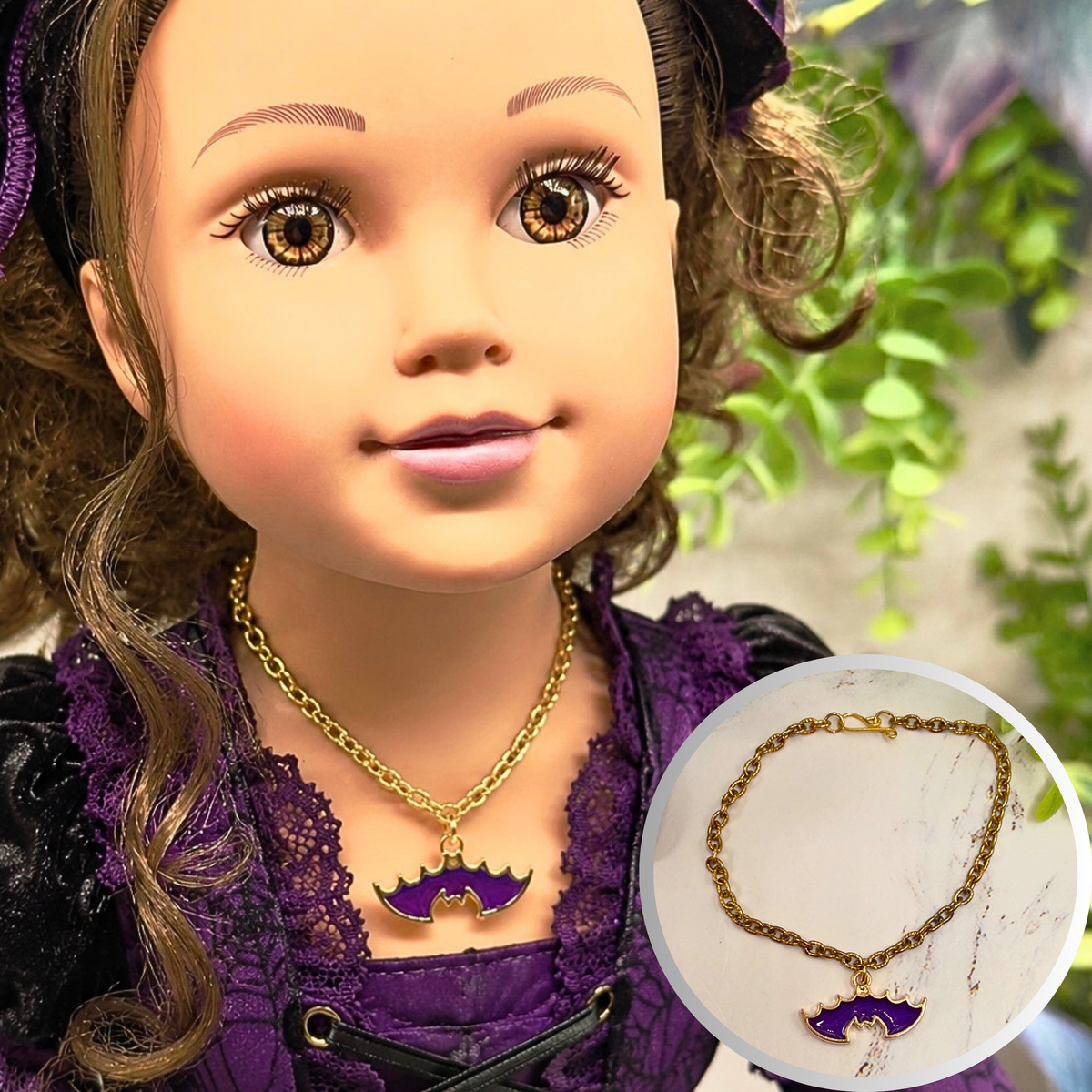 Handmade Doll Jewelry Designed to Fit popular 18 Inch Fashion Dolls: add some “Spooky Halloween 🎃” style to your favorite doll! Purple Enamel Metal Bat Charm Halloween Doll Necklace