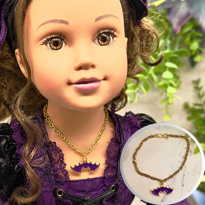 Handmade Doll Jewelry Designed to Fit popular 18 Inch Fashion Dolls: add some “Spooky Halloween 🎃” style to your favorite doll! Purple Enamel Metal Bat Charm Halloween Doll Necklace