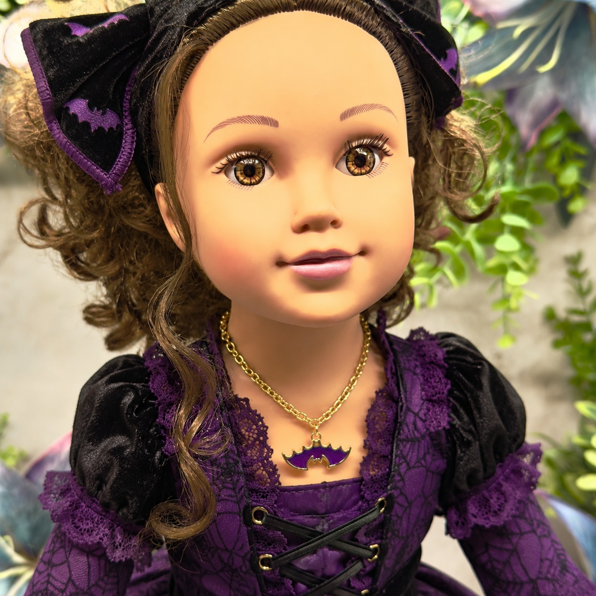 Handmade Doll Jewelry Designed to Fit popular 18 Inch Fashion Dolls: add some “Spooky Halloween 🎃” style to your favorite doll! Purple Enamel Metal Bat Charm Halloween Doll Necklace