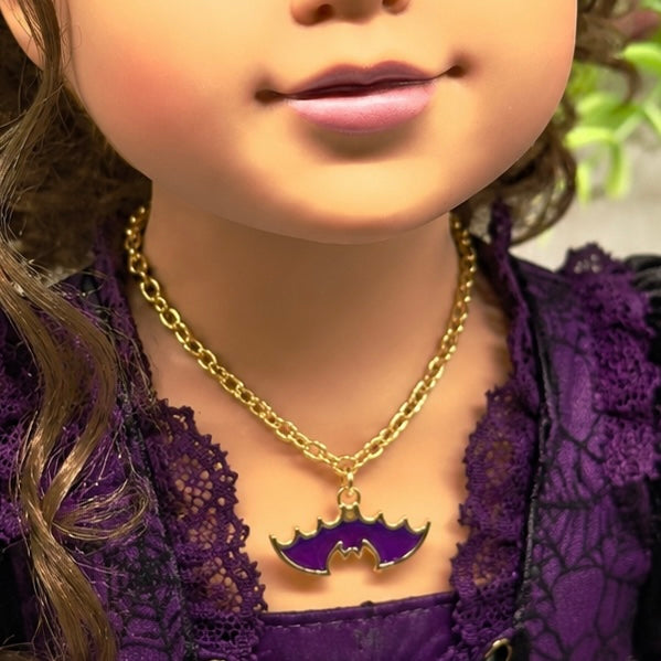 Handmade Doll Jewelry Designed to Fit popular 18 Inch Fashion Dolls: add some “Spooky Halloween 🎃” style to your favorite doll! Purple Enamel Metal Bat Charm Halloween Doll Necklace