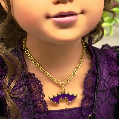 Handmade Doll Jewelry Designed to Fit popular 18 Inch Fashion Dolls: add some “Spooky Halloween 🎃” style to your favorite doll! Purple Enamel Metal Bat Charm Halloween Doll Necklace