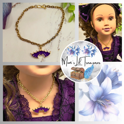 Handmade Doll Jewelry Designed to Fit popular 18 Inch Fashion Dolls: add some “Spooky Halloween 🎃” style to your favorite doll! Purple Enamel Metal Bat Charm Halloween Doll Necklace
