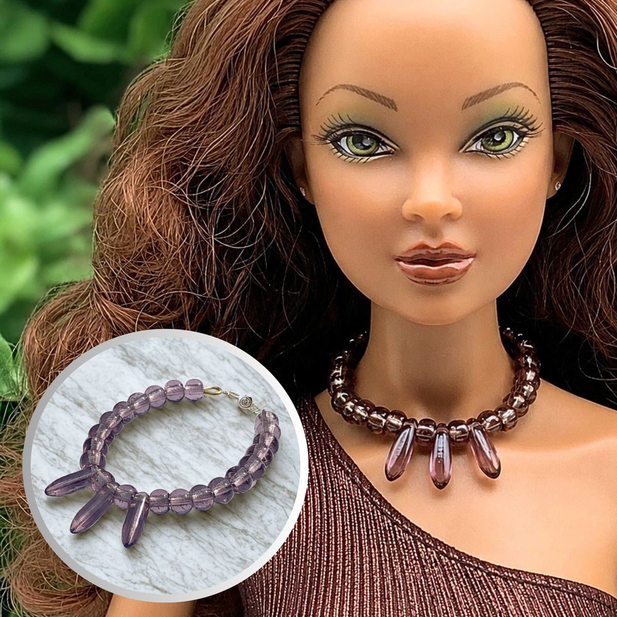 Purple glass beaded choker style necklace with teardrop shaped dangles. Made with bendable gold tone wire. Necklace shown on 16” Spellbound Valentina doll