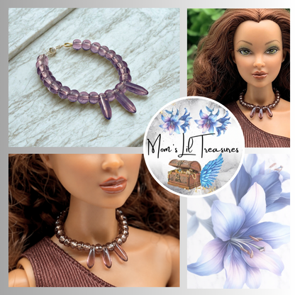 Purple glass beaded choker style necklace with teardrop shaped dangles. Made with bendable gold tone wire. Necklace shown on 16” Spellbound Valentina doll