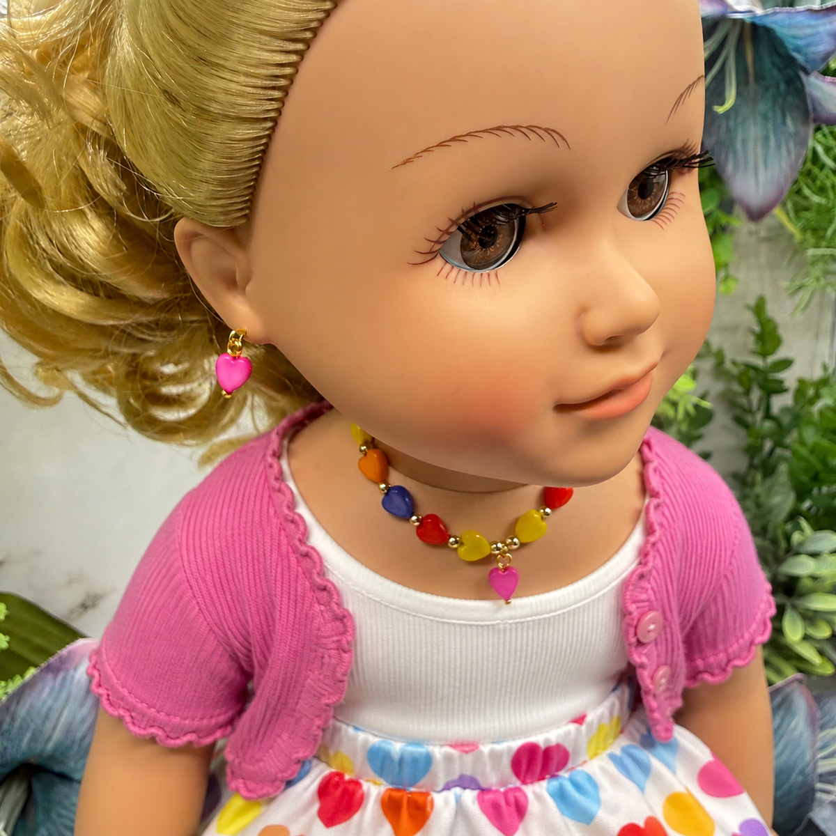 Rainbow Multi Color Heart Beaded Doll Necklace & Earrings Set • Necklace measures 6 inches long  • Necklace and earrings shown on 18" My Life As doll