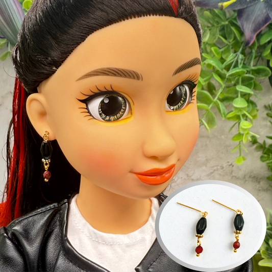 Red Black Beaded Dangle Doll Earrings • Earrings shown on 18" fashion doll