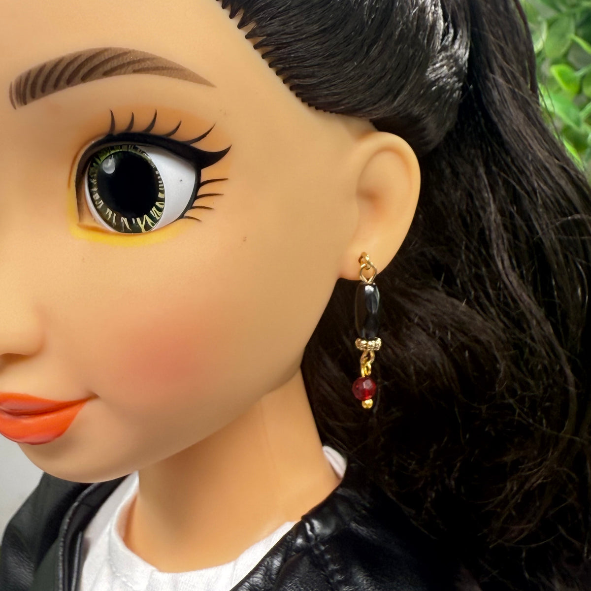 Red Black Beaded Dangle Doll Earrings • Earrings shown on 18" fashion doll