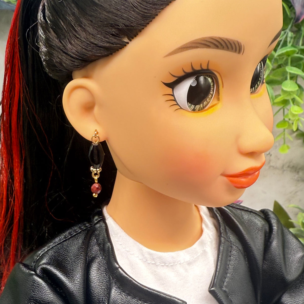 Red Black Beaded Dangle Doll Earrings • Earrings shown on 18" fashion doll