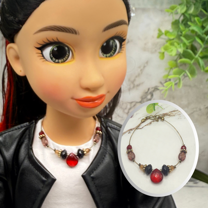 Red Black Brown Beaded Wire Strung Doll Necklace •  Necklace chain measures 6.5 inches long • Necklace shown on 18" fashion doll