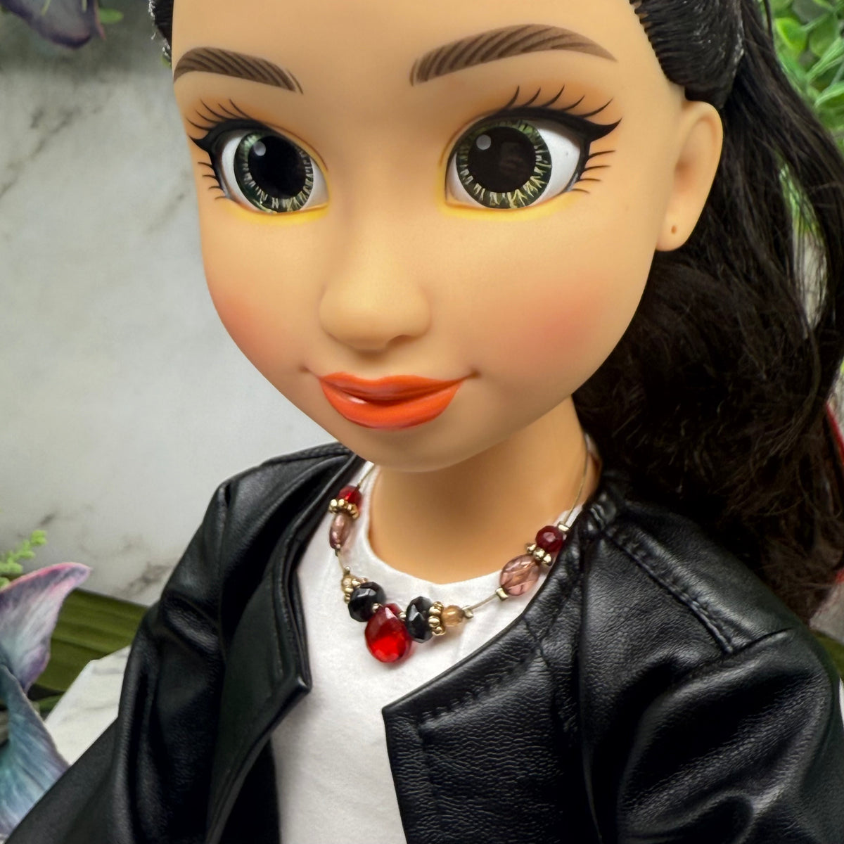 Red Black Brown Beaded Wire Strung Doll Necklace •  Necklace chain measures 6.5 inches long • Necklace shown on 18" fashion doll