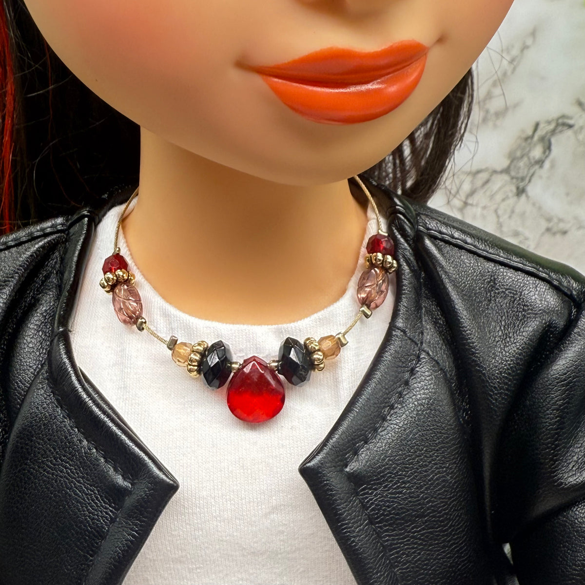 Red Black Brown Beaded Wire Strung Doll Necklace •  Necklace chain measures 6.5 inches long • Necklace shown on 18" fashion doll
