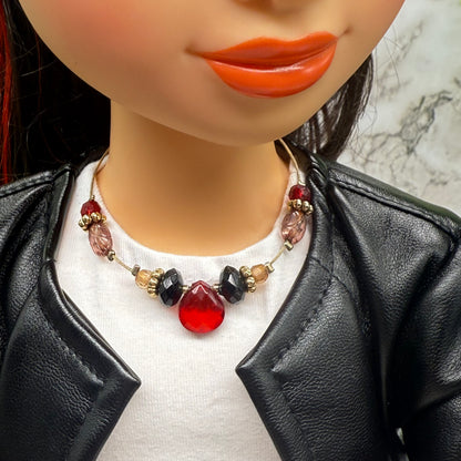 Red Black Brown Beaded Wire Strung Doll Necklace •  Necklace chain measures 6.5 inches long • Necklace shown on 18" fashion doll