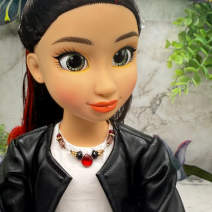 Red Black Brown Beaded Wire Strung Doll Necklace •  Necklace chain measures 6.5 inches long • Necklace shown on 18" fashion doll