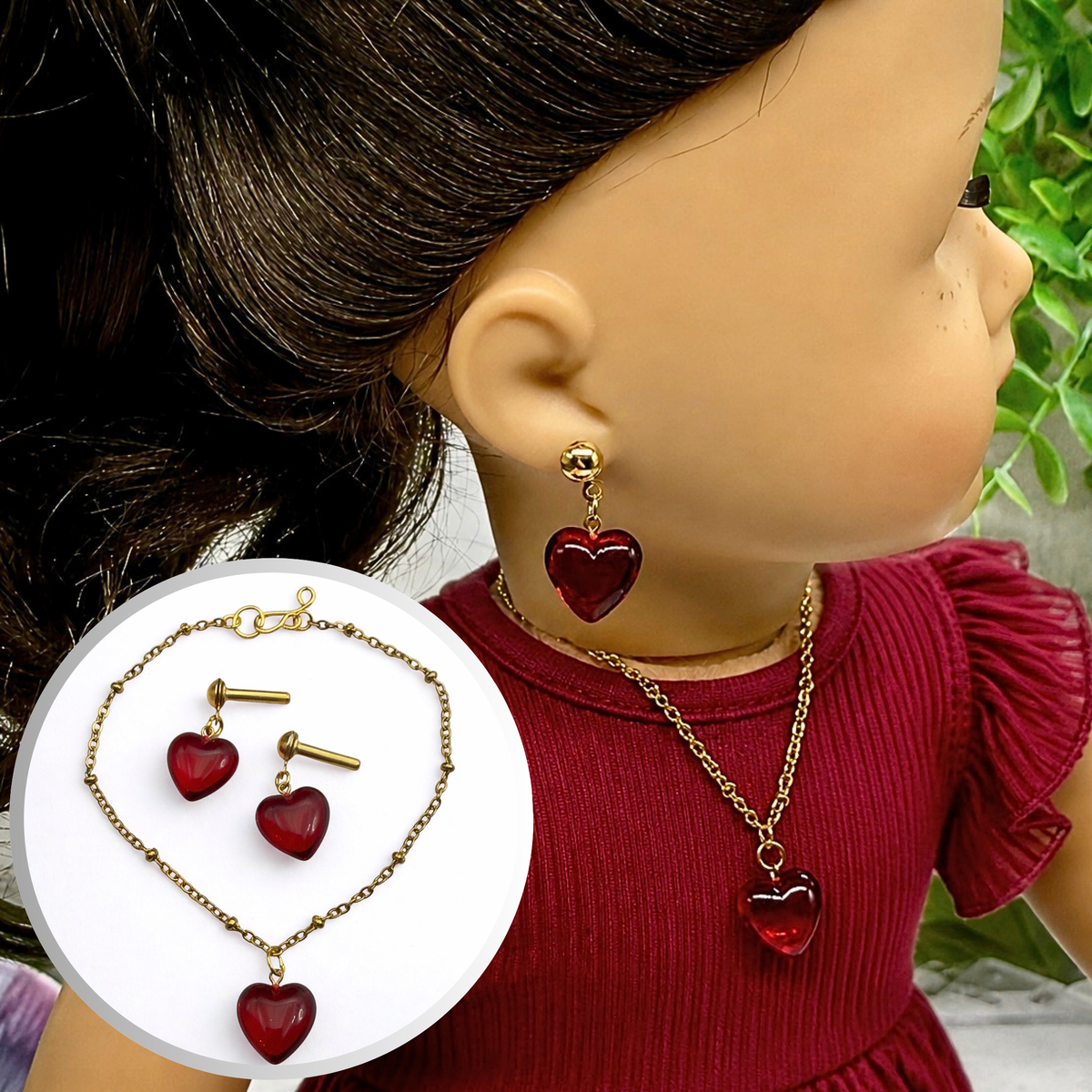 Red Burgundy Heart Pendant Gold Chain Doll Necklace & Earrings • EARRING POSTS ARE 2mm DIAMETER - for dolls with 2mm (drilled) pierced ears.  Necklace measures 6-5/8 inches long. • Necklace and earrings shown on 18" American Girl doll