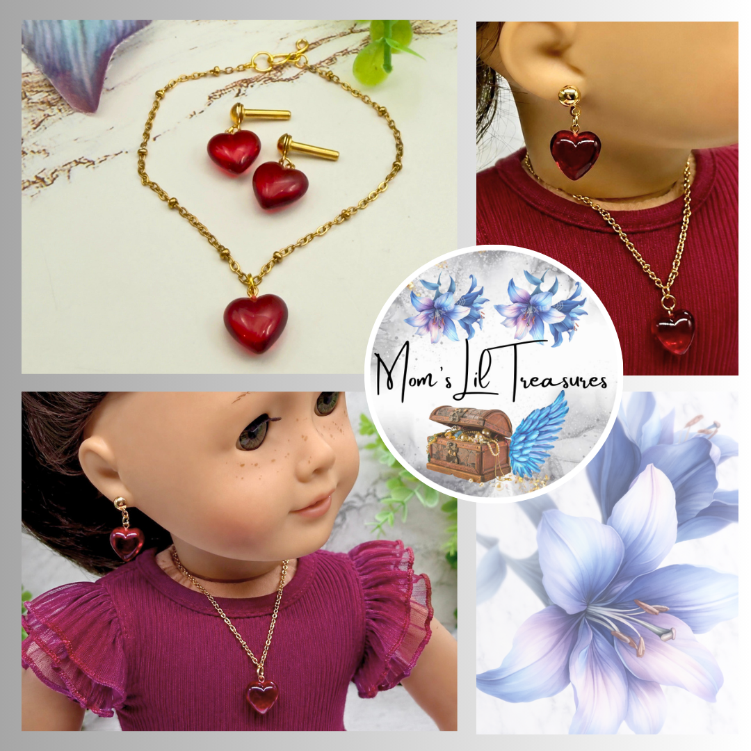 Red Burgundy Heart Pendant Gold Chain Doll Necklace & Earrings • EARRING POSTS ARE 2mm DIAMETER - for dolls with 2mm (drilled) pierced ears.  Necklace measures 6-5/8 inches long. • Necklace and earrings shown on 18" American Girl doll